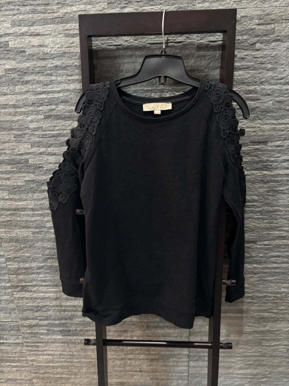LOFT Black Cold-Shoulder Sweatshirt with Floral Applique